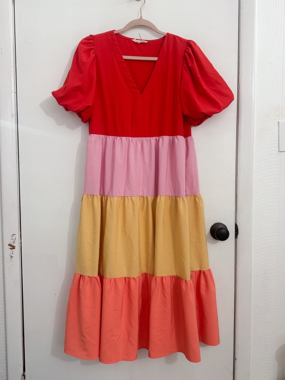 Entro Colorblock Puff-Sleeve Midi Dress in Red, Pink, Yellow, Coral size Small - Picture 2 of 6